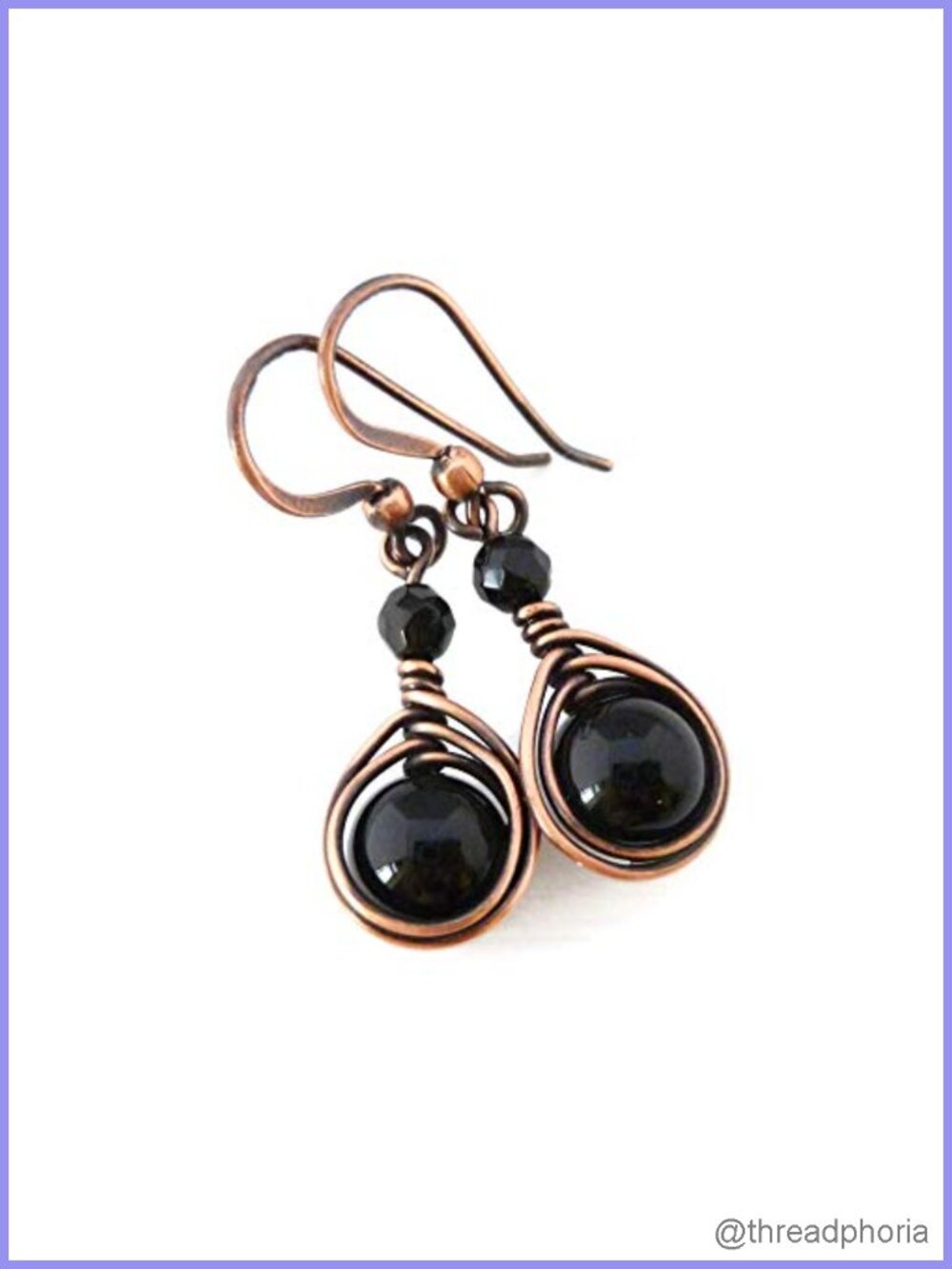 Handcrafted Solid Copper Earrings Black Onyx Gemstone Antique Finish Boho